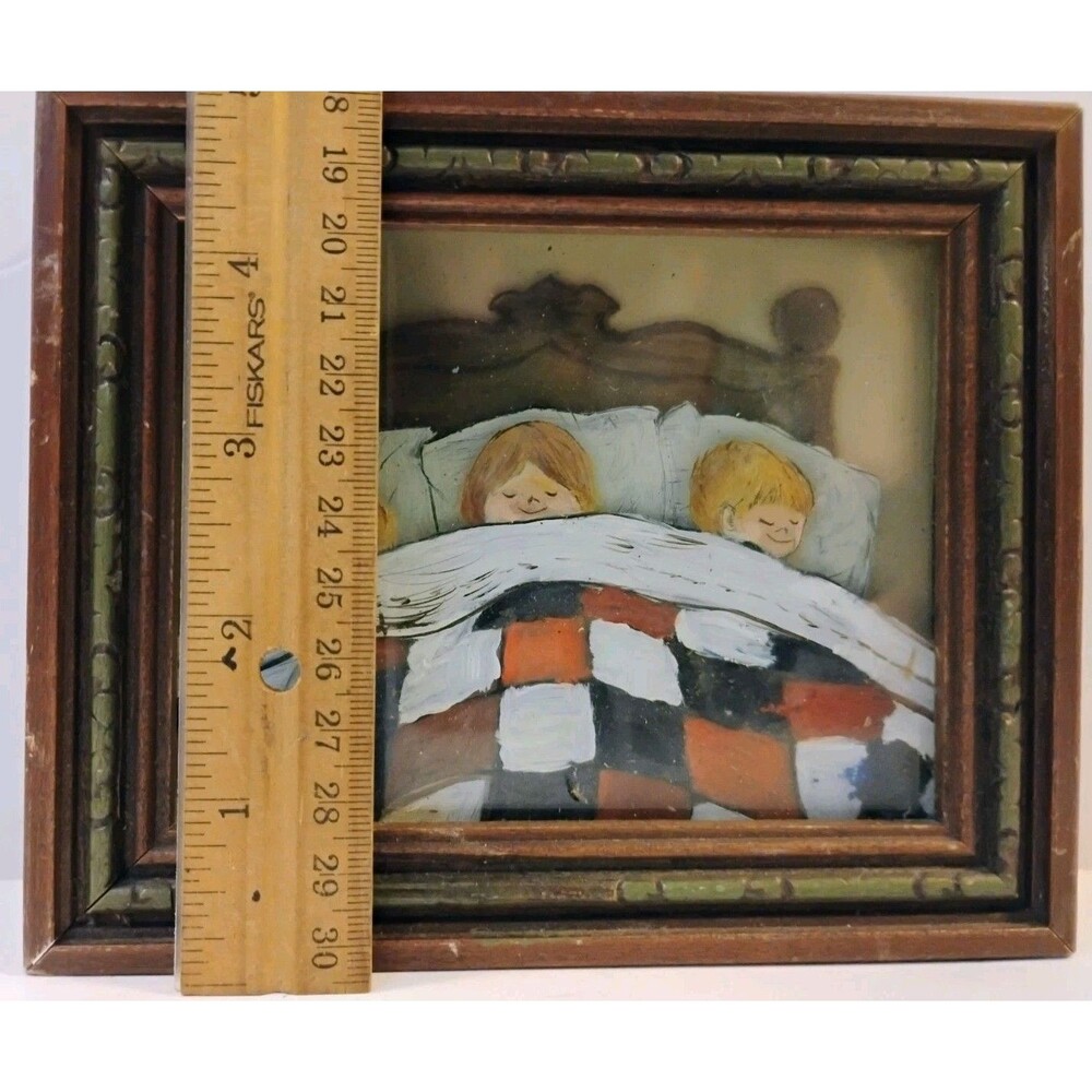 Vintage 3D Reverse Glass Painting Children In Bed Shadow Box Kitsch Nursery Art - Picture 5 of 5